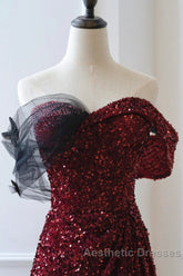 Wine Red Sequins Off Shoulder Long Party Dresses, A-Line Sequins Evening Prom Dresses